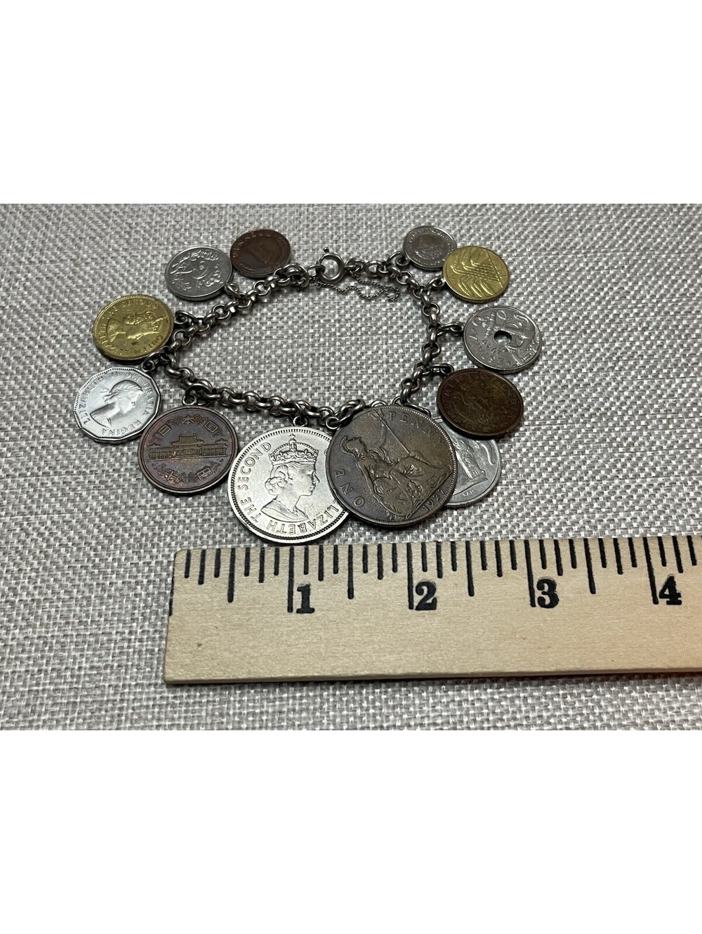 Vintage 1950s 925 Sterling Silver Foreign Coin Charm Bracelet 6.5” Inch - Picture 4 of 6